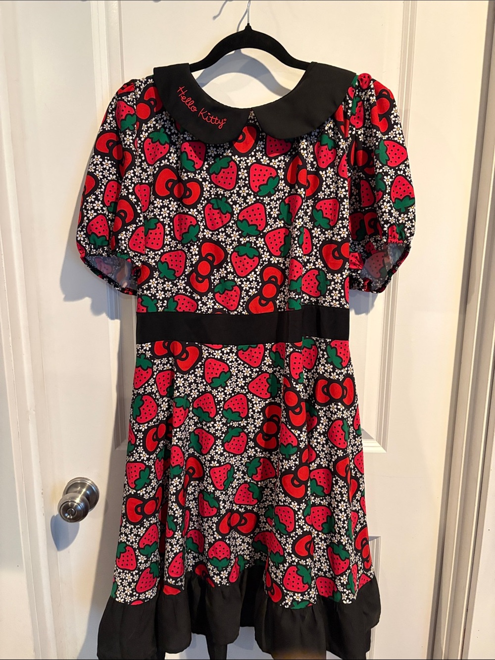 Hello Kitty Black Dress with Red & Green Strawberry Pattern